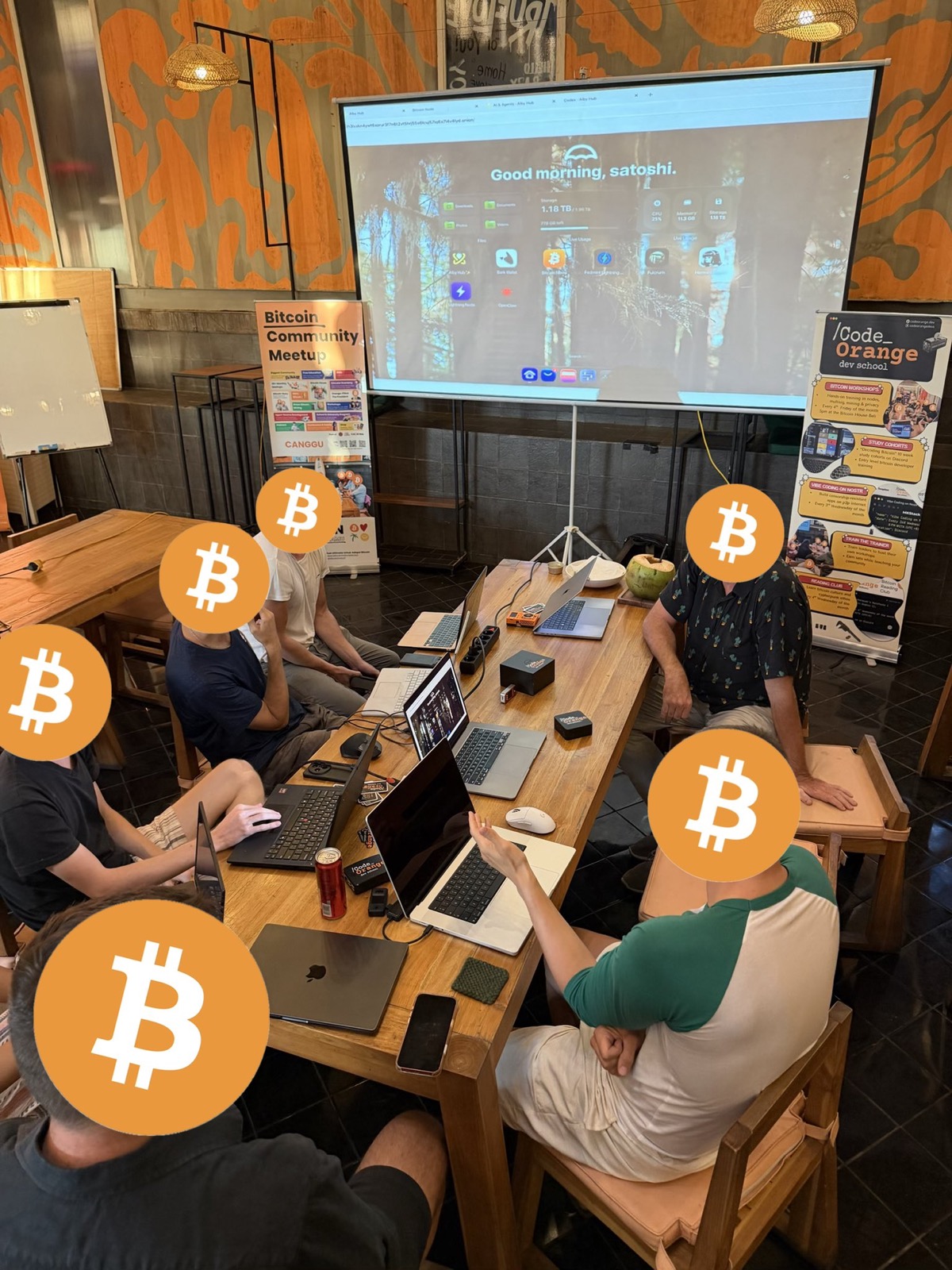 Code Orange meetup with projector and Bitcoin tools