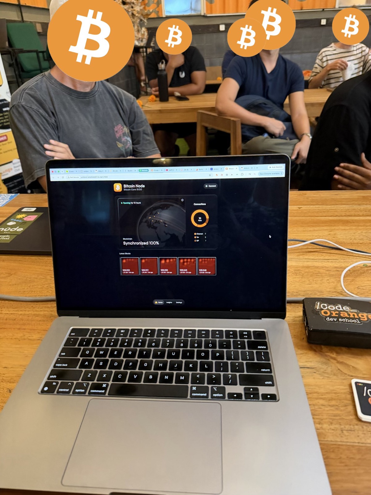 Laptop showing a Bitcoin node during a Code Orange session